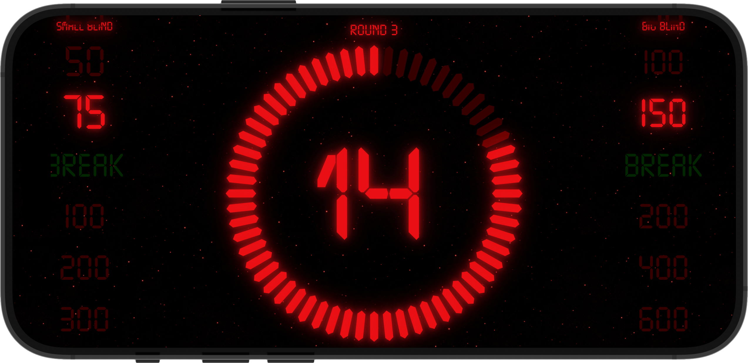 Poker Clock on iPhone in landscape — three-column clock view